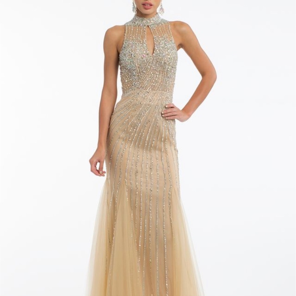 Champagne prom dress Sequined Halter Trumpet Gown